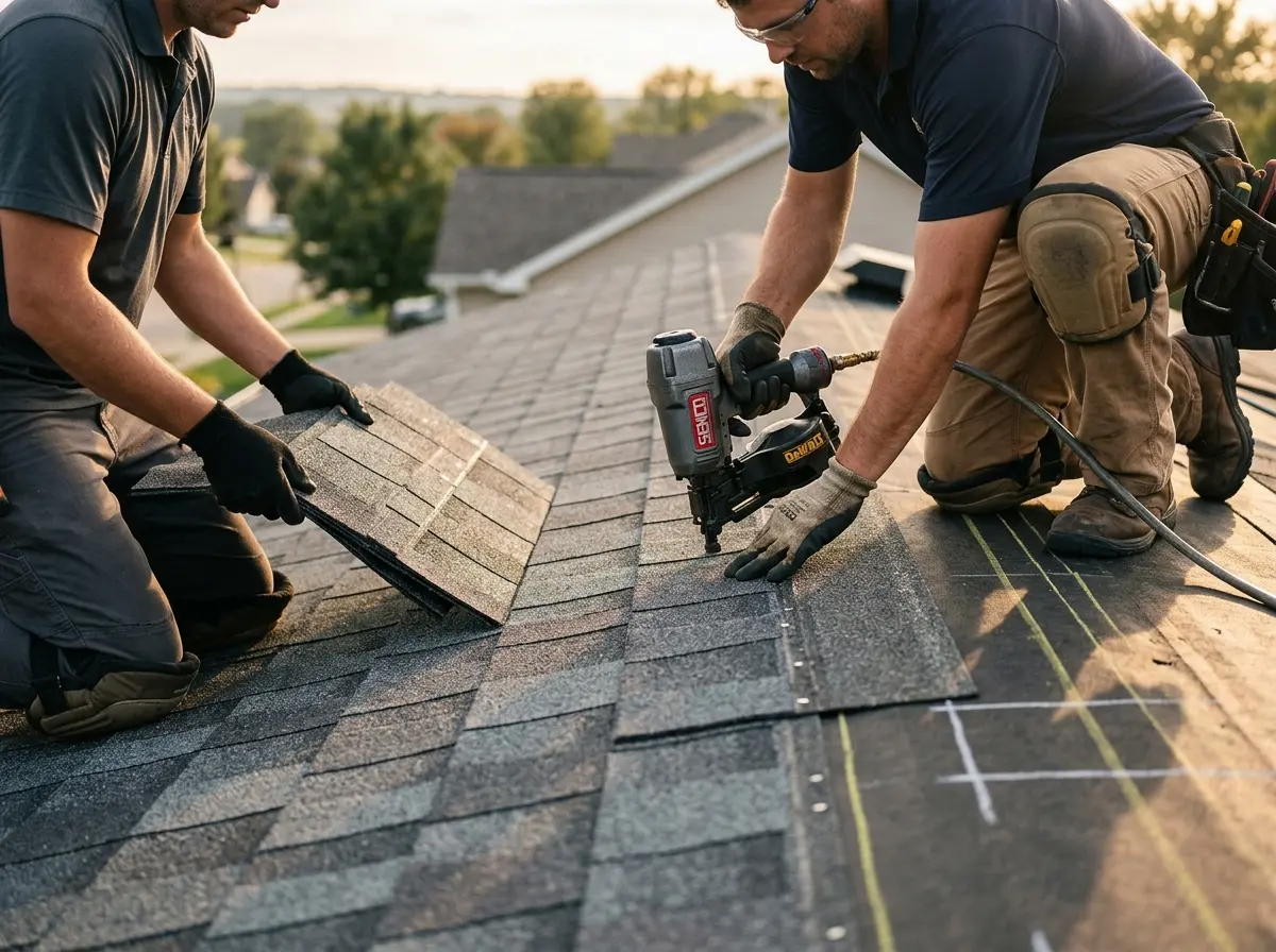 Professional roofer working on a residential roof in Trenton